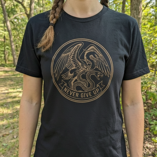 Never Give Up! Black or Navy Cotton Tee with Metallic Copper