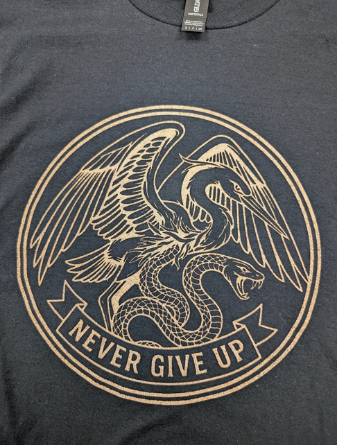 Never Give Up! Black or Navy Cotton Tee with Metallic Copper
